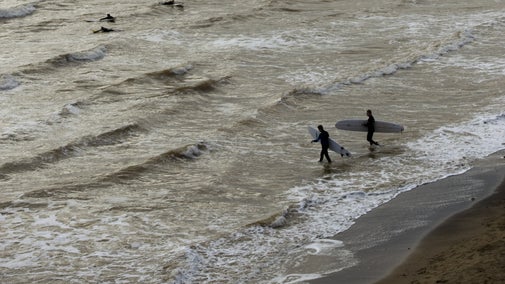 Surfers in the sea at Compton Bay, Isle of Wight